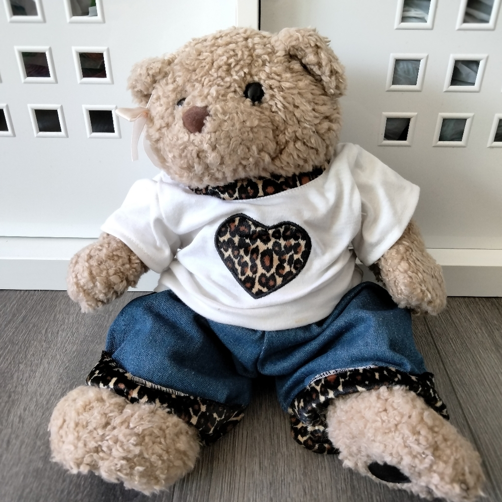 Vintage Build A Bear Teddy Bear with Leopard Heart White Top & Blue Jeans
